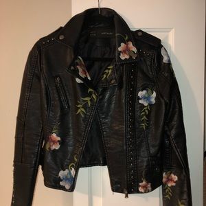 embroidered black  leather jacket